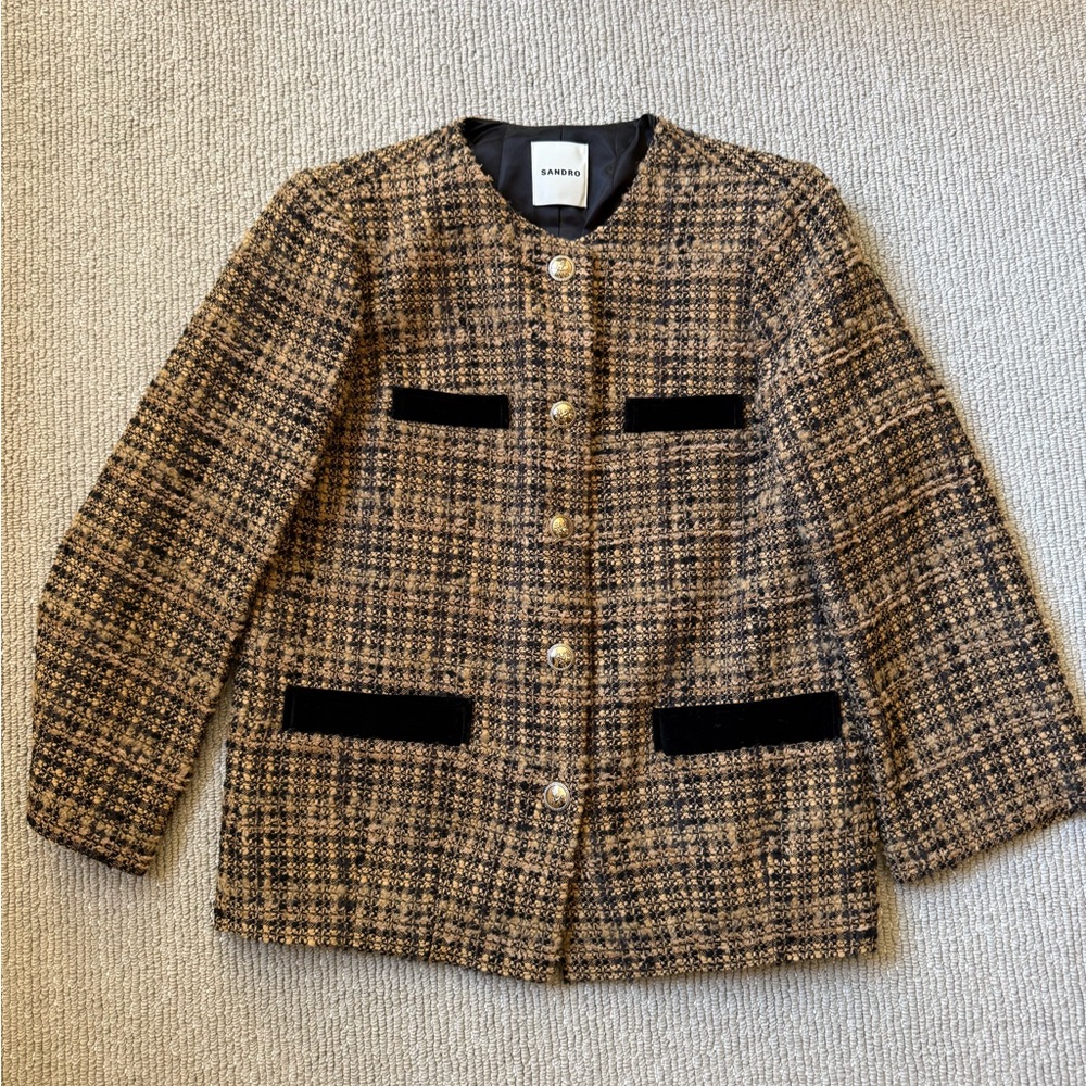 Sandro Women's Tweed Blazer in Brown and Black Size  EU 40 / Size 8 - Picture 6 of 12